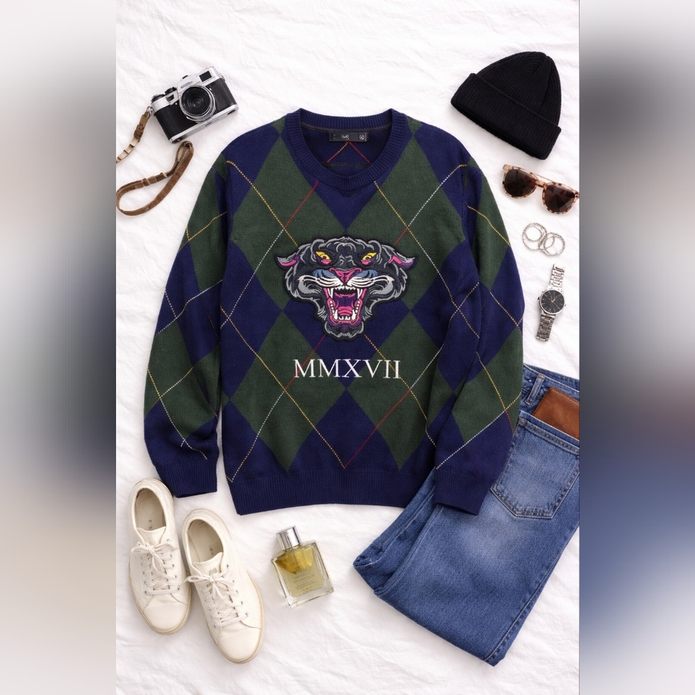 HUDSON OUTERWEAR Green Argyle NWT L Sleeve Tiger Design Sweater. Mens 2xl